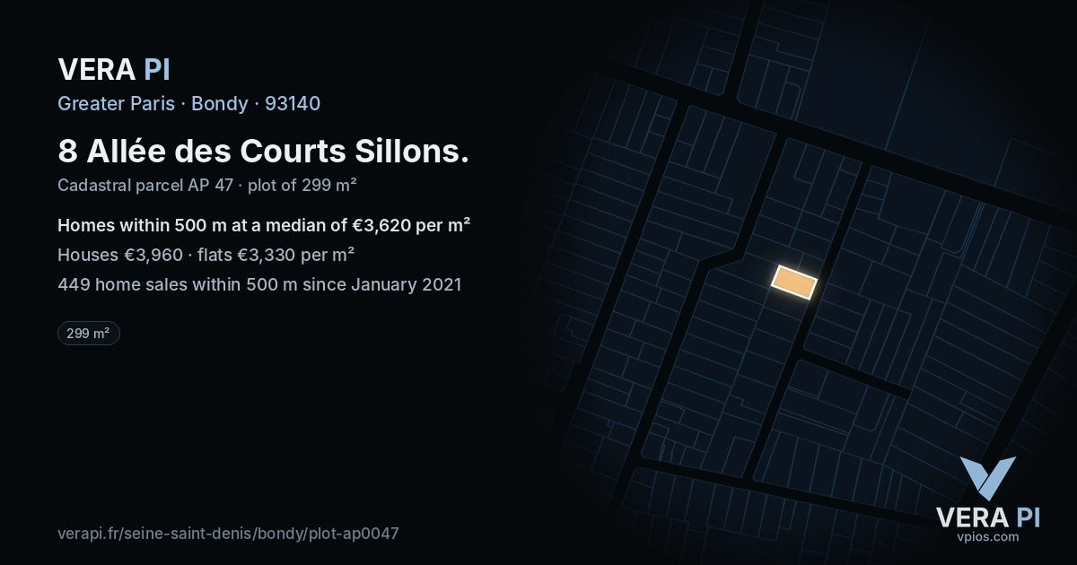 8 Allée des Courts Sillons, Bondy at night – the plot lit, the parcels around coloured by the prices near them