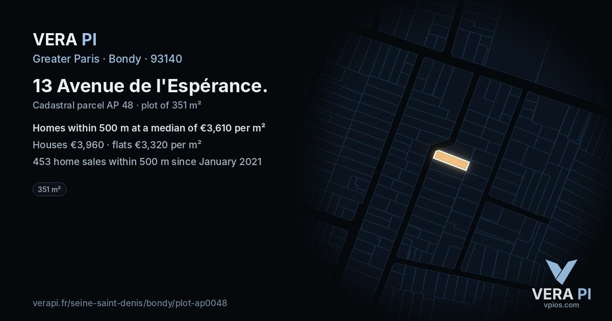 13 Avenue de l'Espérance, Bondy at night – the plot lit, the parcels around coloured by the prices near them