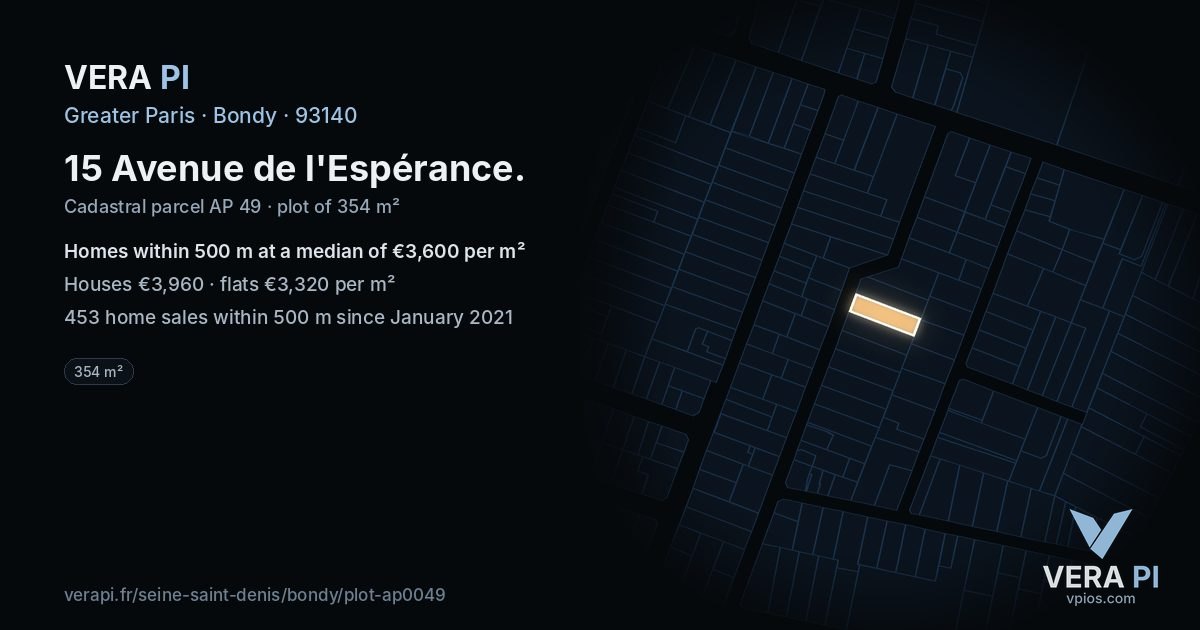 15 Avenue de l'Espérance, Bondy at night – the plot lit, the parcels around coloured by the prices near them