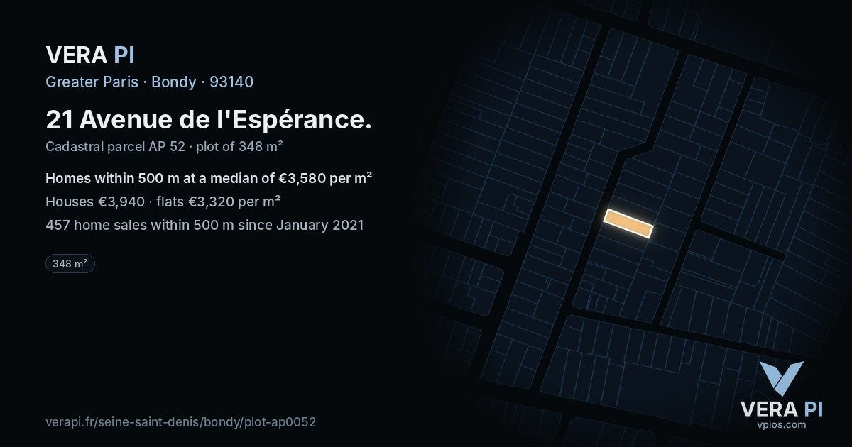 21 Avenue de l'Espérance, Bondy at night – the plot lit, the parcels around coloured by the prices near them
