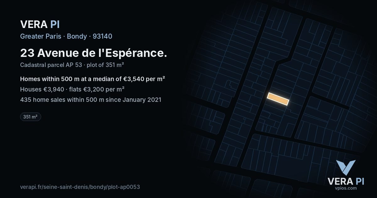 23 Avenue de l'Espérance, Bondy at night – the plot lit, the parcels around coloured by the prices near them