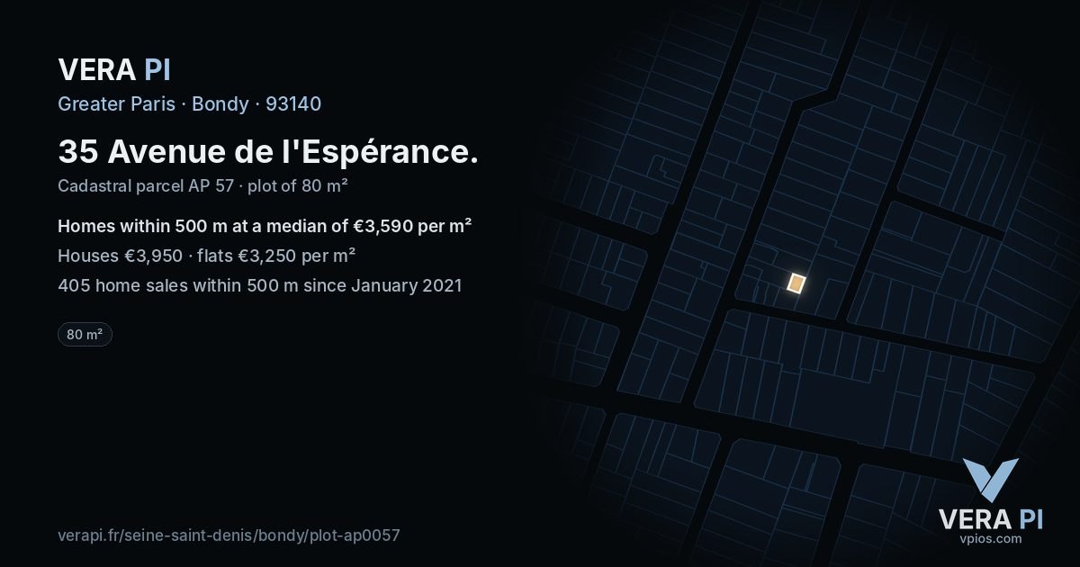 35 Avenue de l'Espérance, Bondy at night – the plot lit, the parcels around coloured by the prices near them