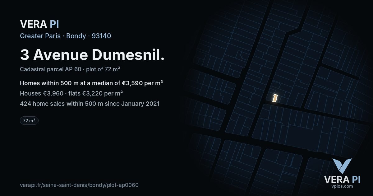 3 Avenue Dumesnil, Bondy at night – the plot lit, the parcels around coloured by the prices near them