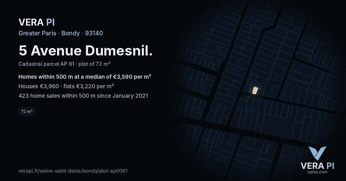 5 Avenue Dumesnil, Bondy at night – the plot lit, the parcels around coloured by the prices near them