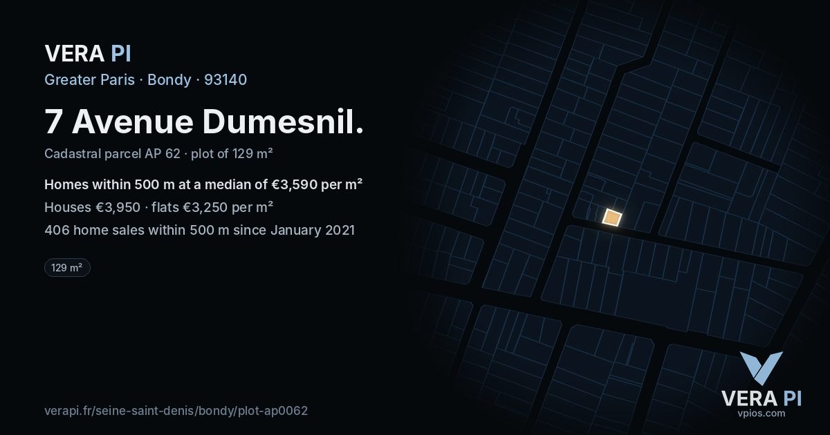 7 Avenue Dumesnil, Bondy at night – the plot lit, the parcels around coloured by the prices near them
