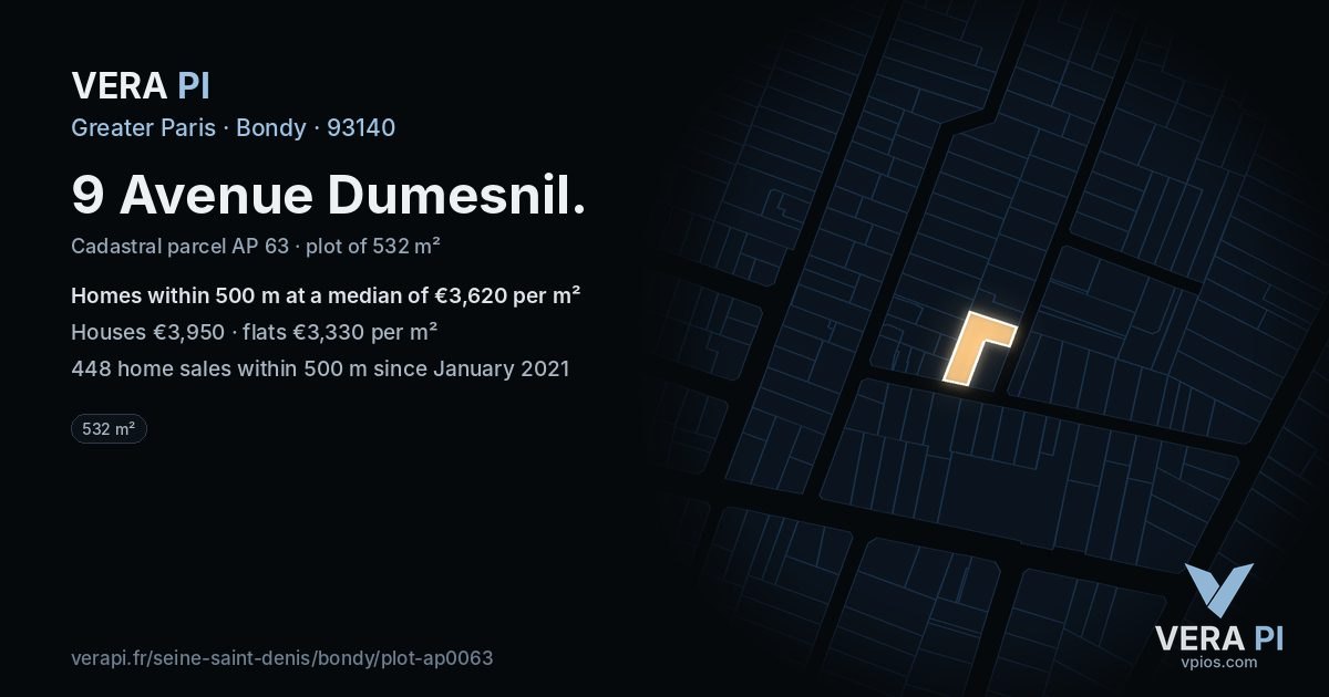 9 Avenue Dumesnil, Bondy at night – the plot lit, the parcels around coloured by the prices near them