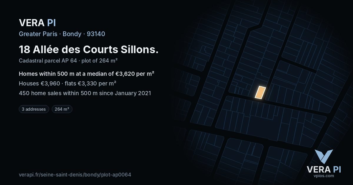 18 Allée des Courts Sillons, Bondy at night – the plot lit, the parcels around coloured by the prices near them