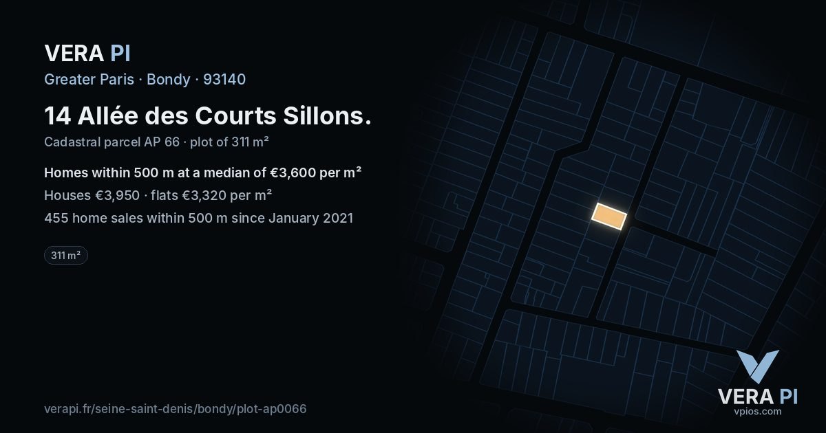 14 Allée des Courts Sillons, Bondy at night – the plot lit, the parcels around coloured by the prices near them