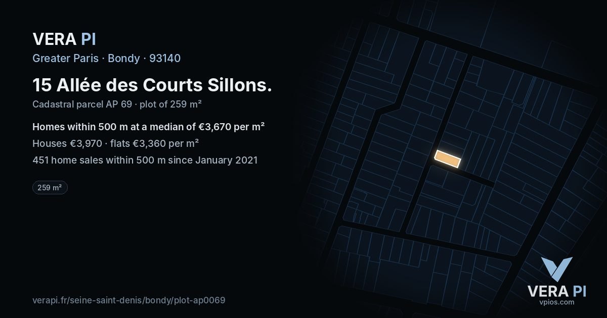 15 Allée des Courts Sillons, Bondy at night – the plot lit, the parcels around coloured by the prices near them