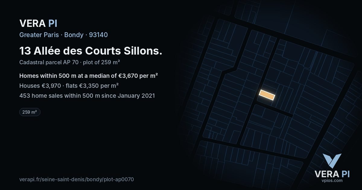 13 Allée des Courts Sillons, Bondy at night – the plot lit, the parcels around coloured by the prices near them