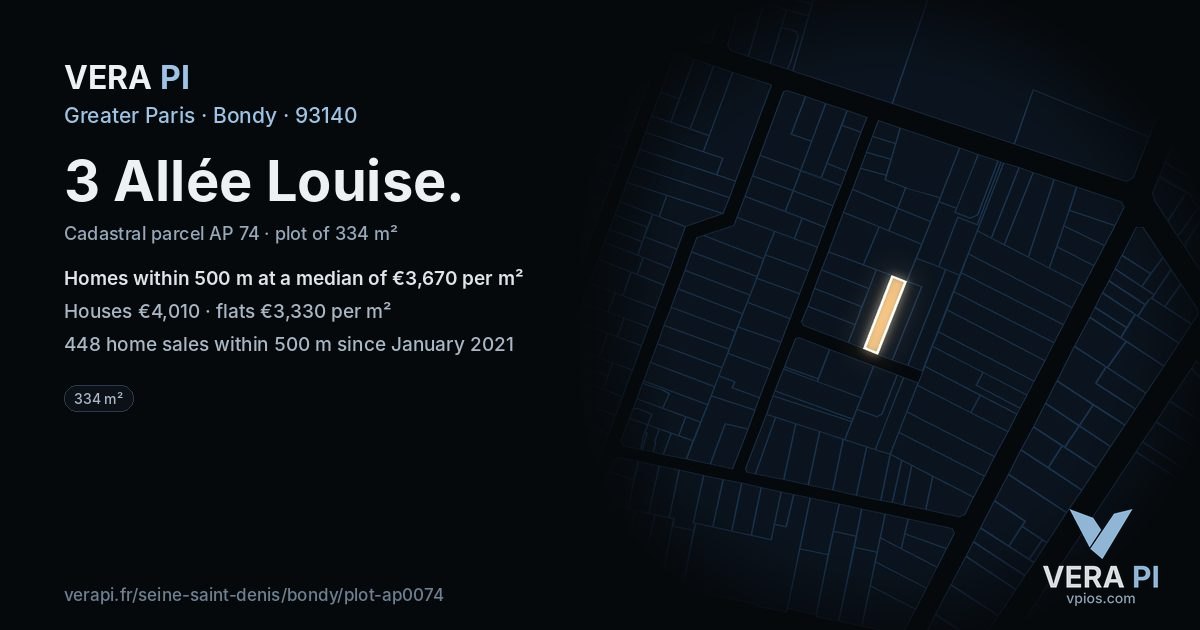 3 Allée Louise, Bondy at night – the plot lit, the parcels around coloured by the prices near them