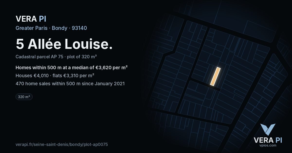 5 Allée Louise, Bondy at night – the plot lit, the parcels around coloured by the prices near them