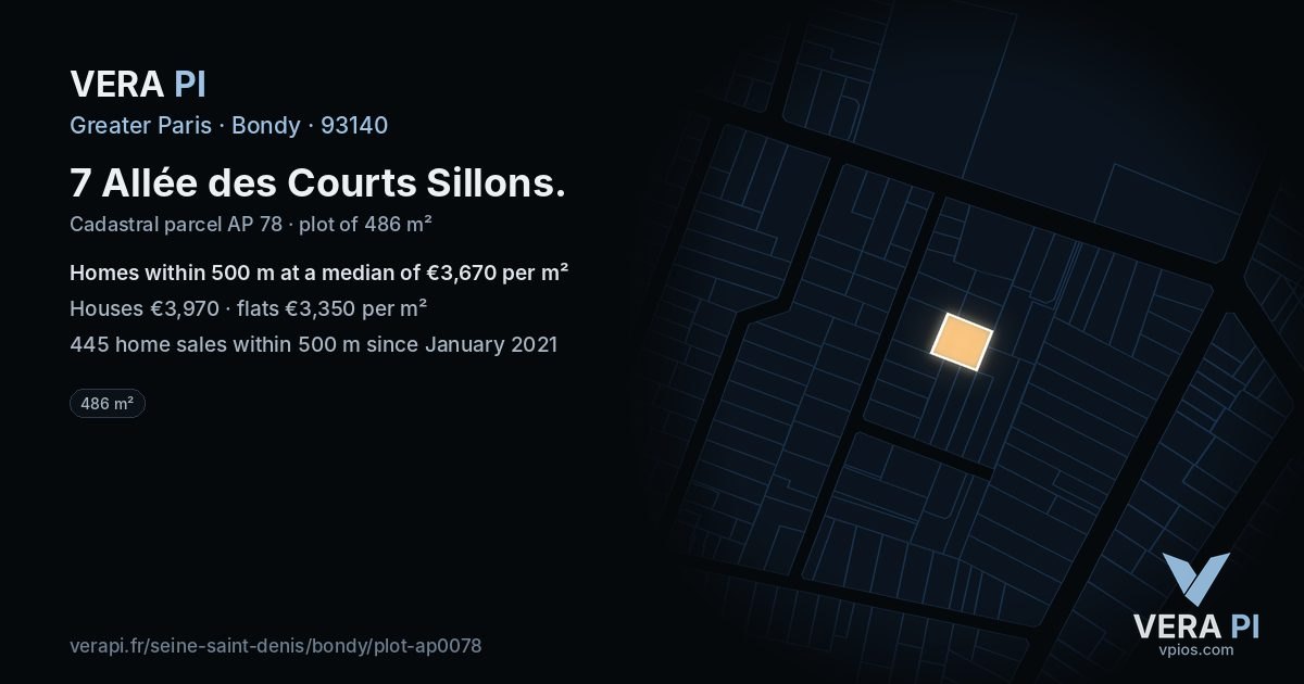7 Allée des Courts Sillons, Bondy at night – the plot lit, the parcels around coloured by the prices near them