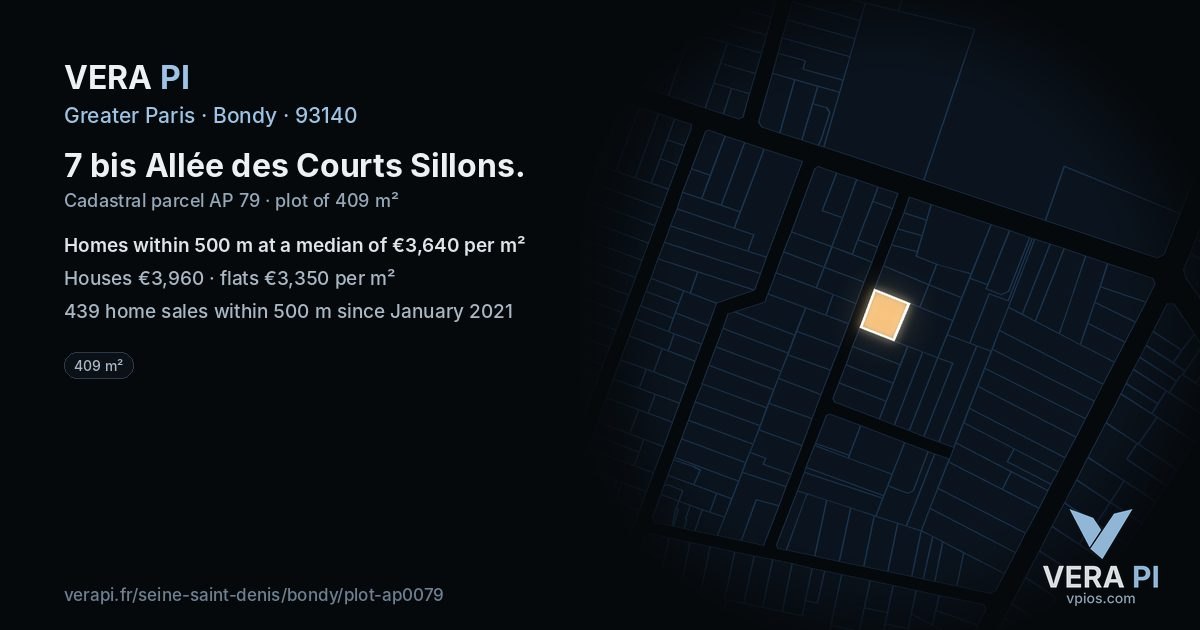 7 bis Allée des Courts Sillons, Bondy at night – the plot lit, the parcels around coloured by the prices near them