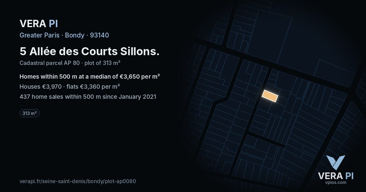 5 Allée des Courts Sillons, Bondy at night – the plot lit, the parcels around coloured by the prices near them