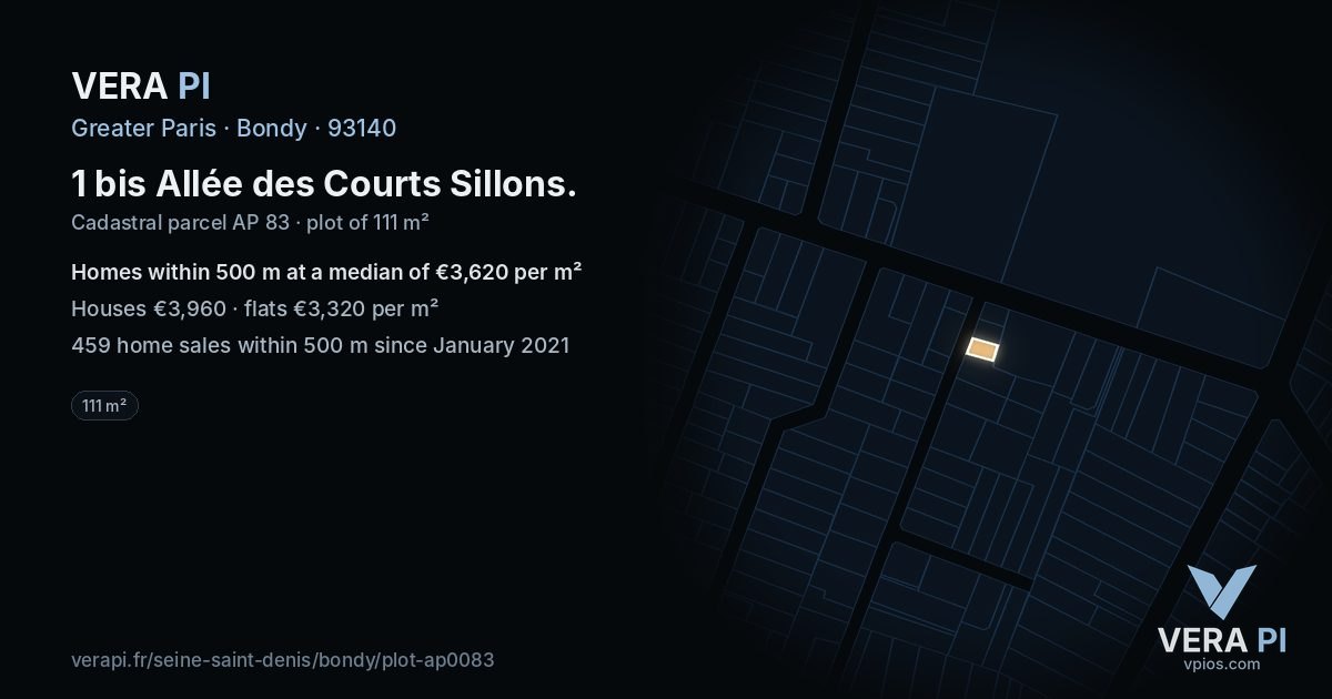 1 bis Allée des Courts Sillons, Bondy at night – the plot lit, the parcels around coloured by the prices near them