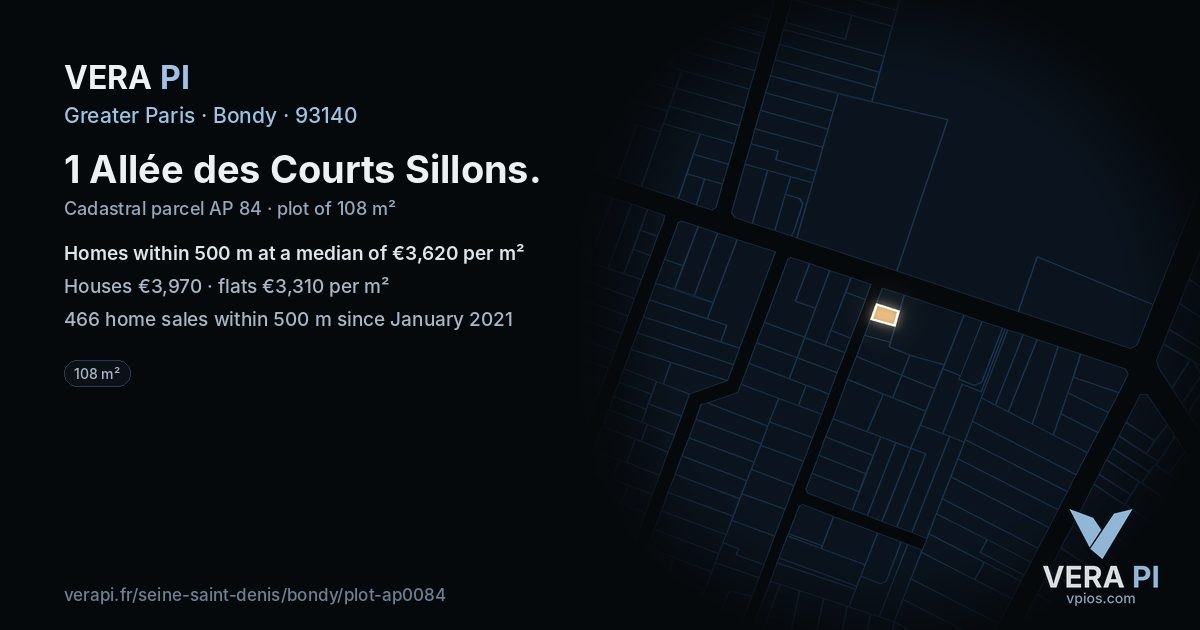 1 Allée des Courts Sillons, Bondy at night – the plot lit, the parcels around coloured by the prices near them