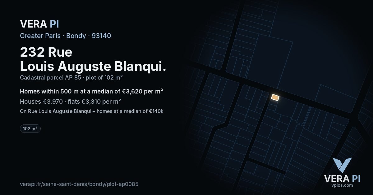 232 Rue Louis Auguste Blanqui, Bondy at night – the plot lit, the parcels around coloured by the prices near them