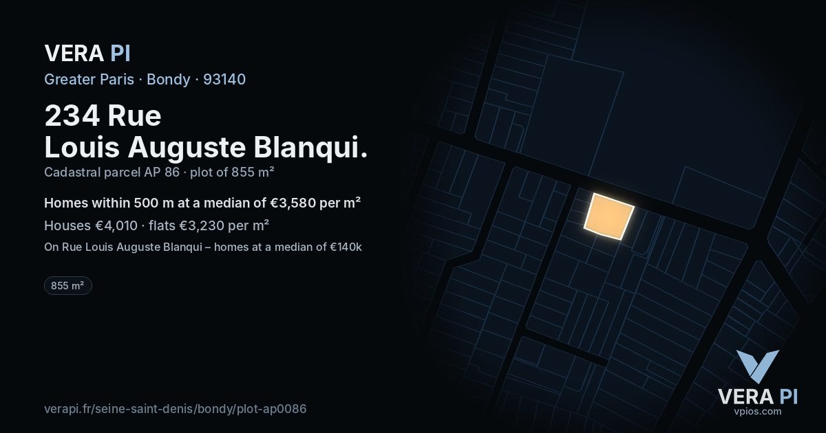 234 Rue Louis Auguste Blanqui, Bondy at night – the plot lit, the parcels around coloured by the prices near them