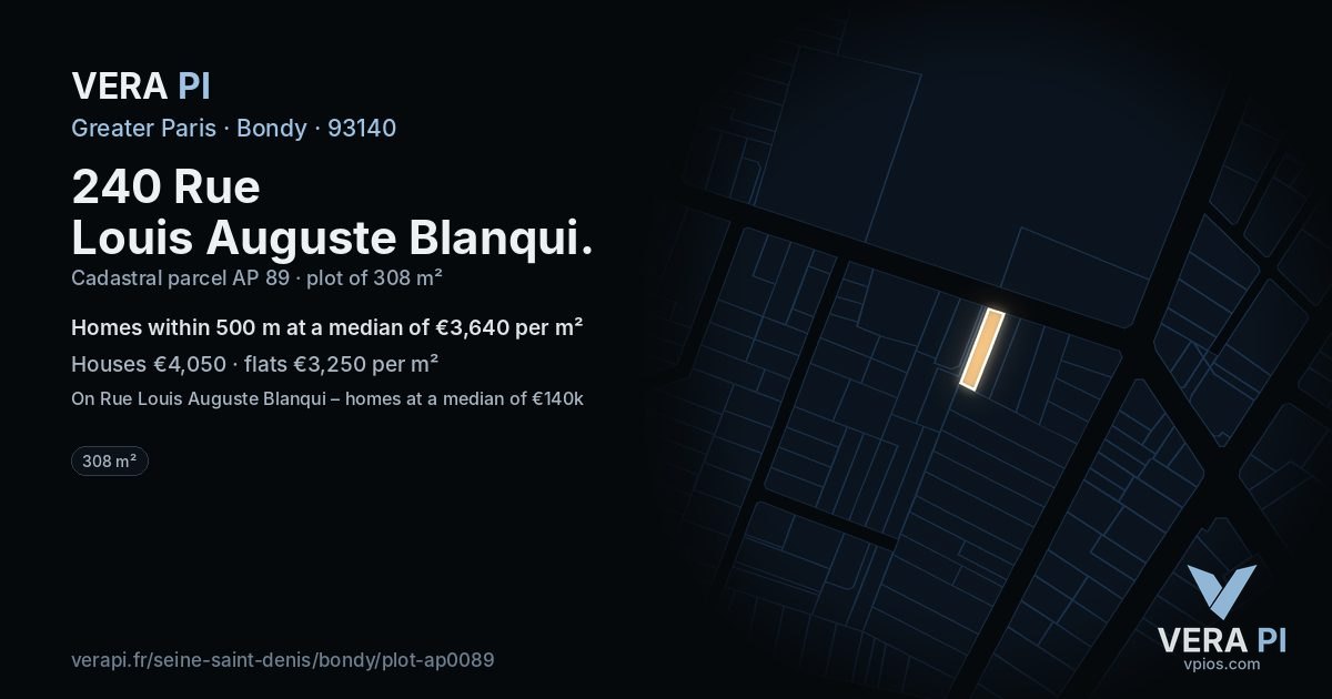 240 Rue Louis Auguste Blanqui, Bondy at night – the plot lit, the parcels around coloured by the prices near them
