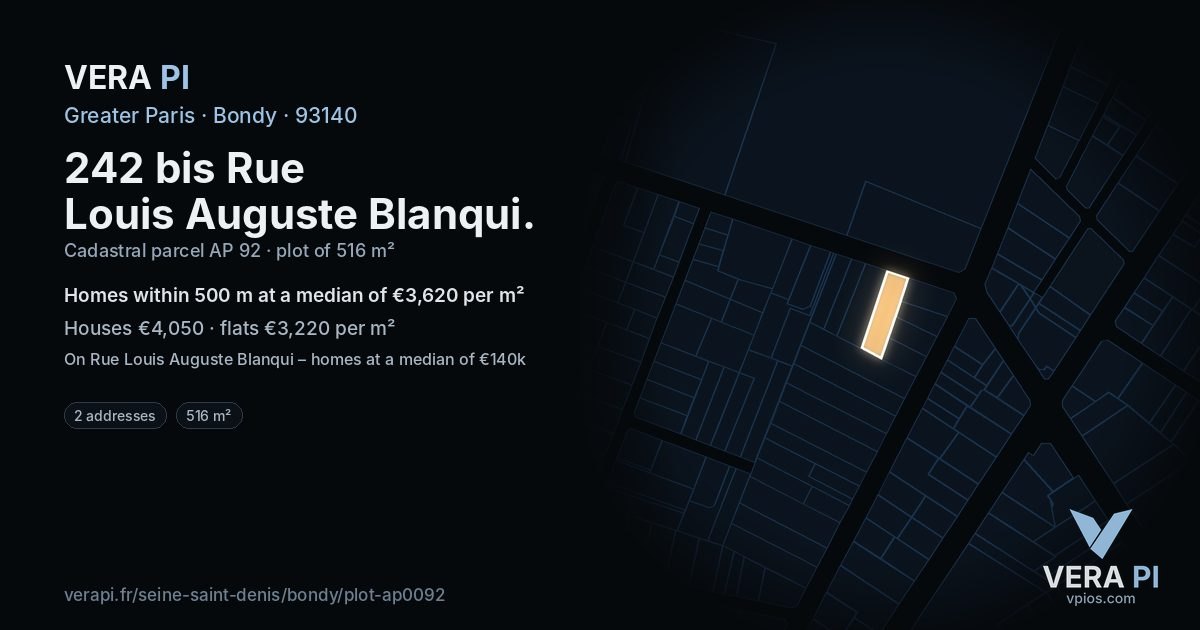242 bis Rue Louis Auguste Blanqui, Bondy at night – the plot lit, the parcels around coloured by the prices near them