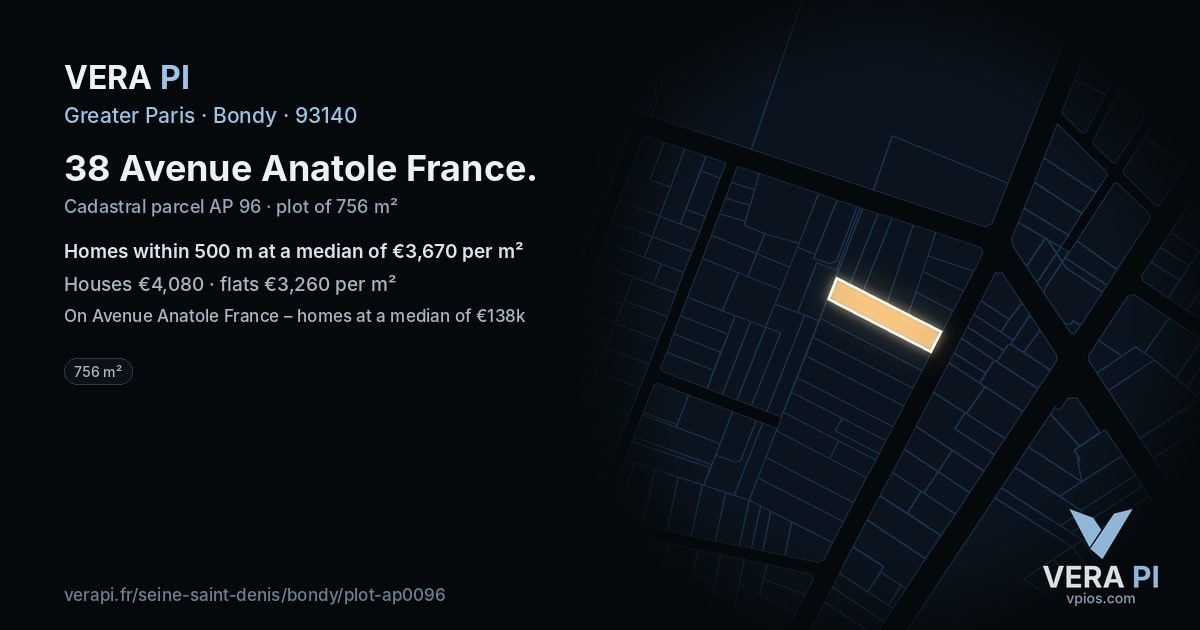 38 Avenue Anatole France, Bondy at night – the plot lit, the parcels around coloured by the prices near them
