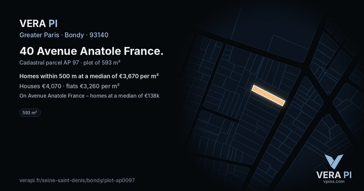 40 Avenue Anatole France, Bondy at night – the plot lit, the parcels around coloured by the prices near them