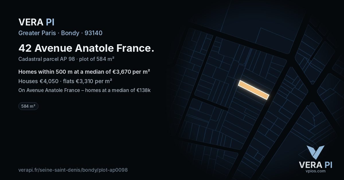 42 Avenue Anatole France, Bondy at night – the plot lit, the parcels around coloured by the prices near them