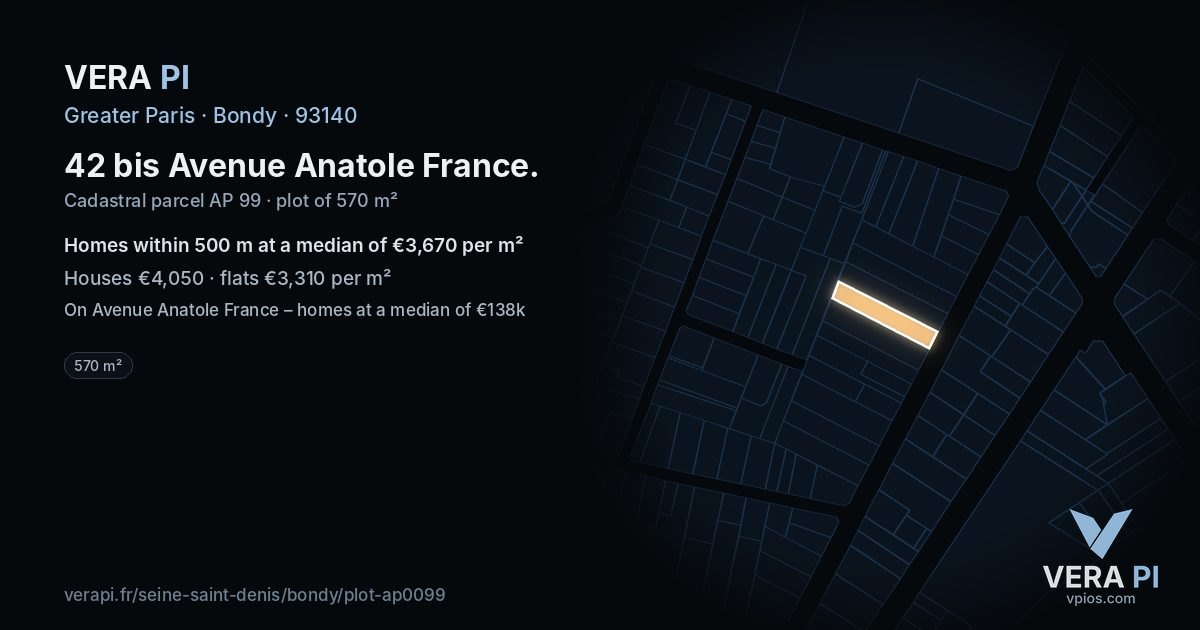 42 bis Avenue Anatole France, Bondy at night – the plot lit, the parcels around coloured by the prices near them