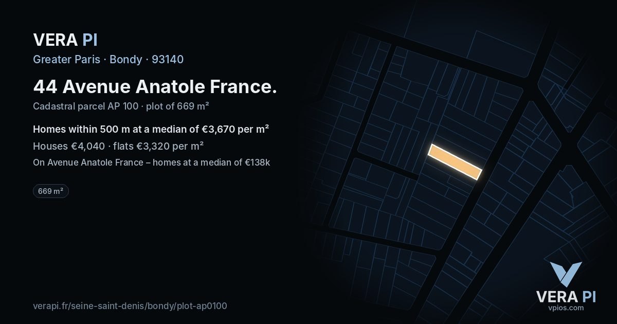 44 Avenue Anatole France, Bondy at night – the plot lit, the parcels around coloured by the prices near them