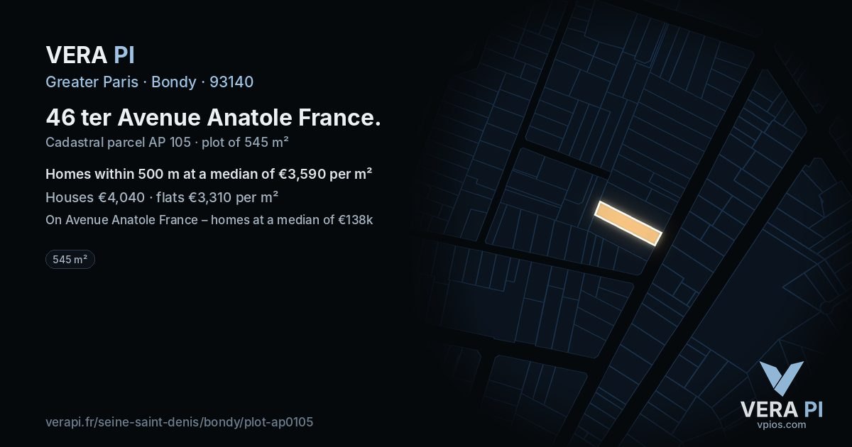 46 ter Avenue Anatole France, Bondy at night – the plot lit, the parcels around coloured by the prices near them