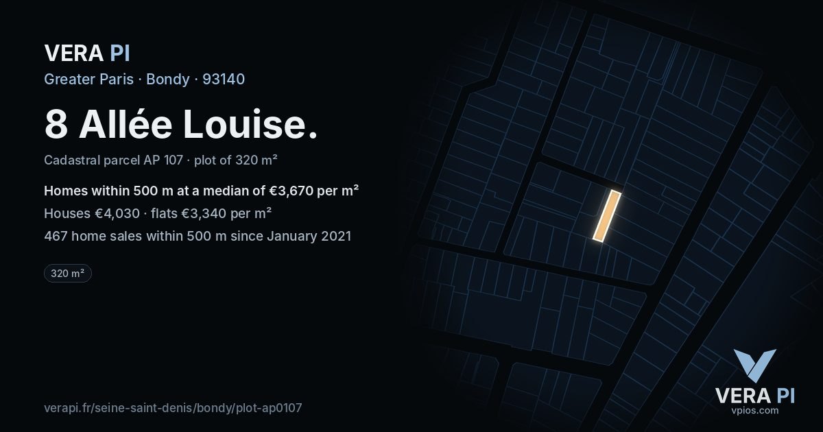 8 Allée Louise, Bondy at night – the plot lit, the parcels around coloured by the prices near them