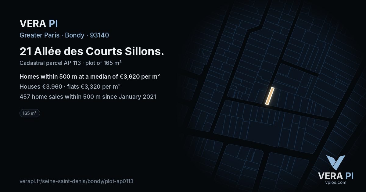 21 Allée des Courts Sillons, Bondy at night – the plot lit, the parcels around coloured by the prices near them