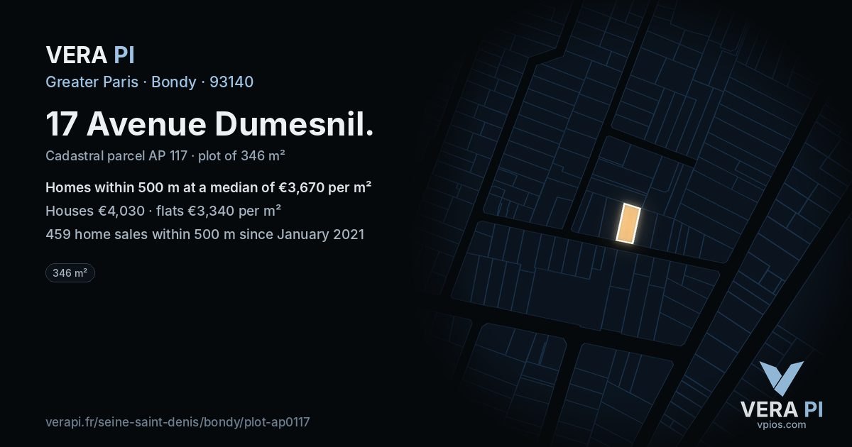 17 Avenue Dumesnil, Bondy at night – the plot lit, the parcels around coloured by the prices near them