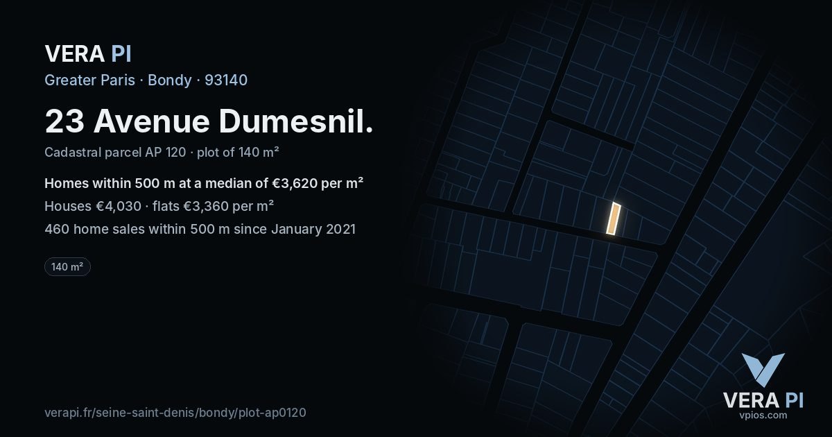 23 Avenue Dumesnil, Bondy at night – the plot lit, the parcels around coloured by the prices near them