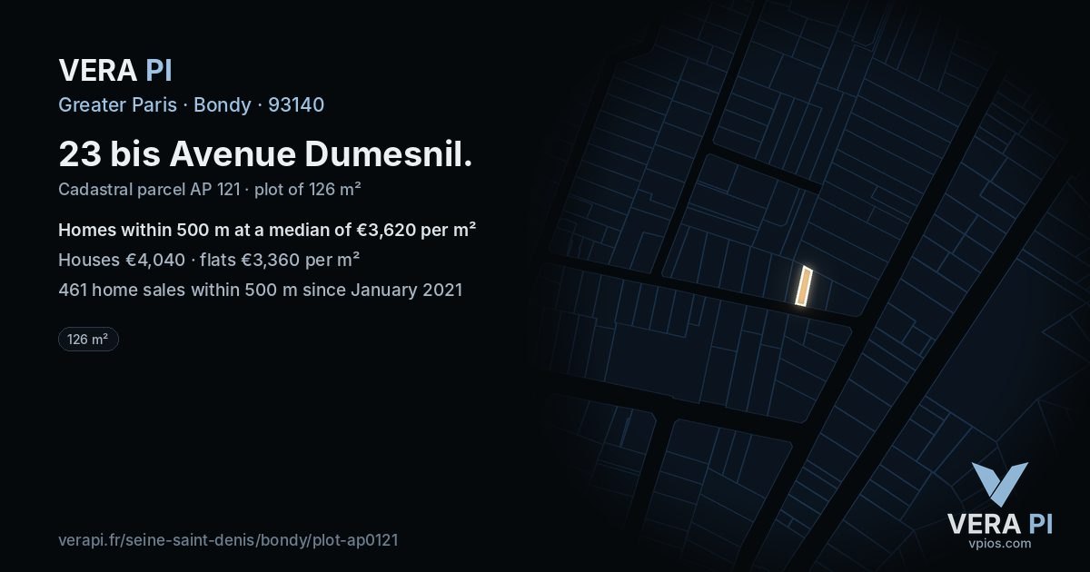 23 bis Avenue Dumesnil, Bondy at night – the plot lit, the parcels around coloured by the prices near them
