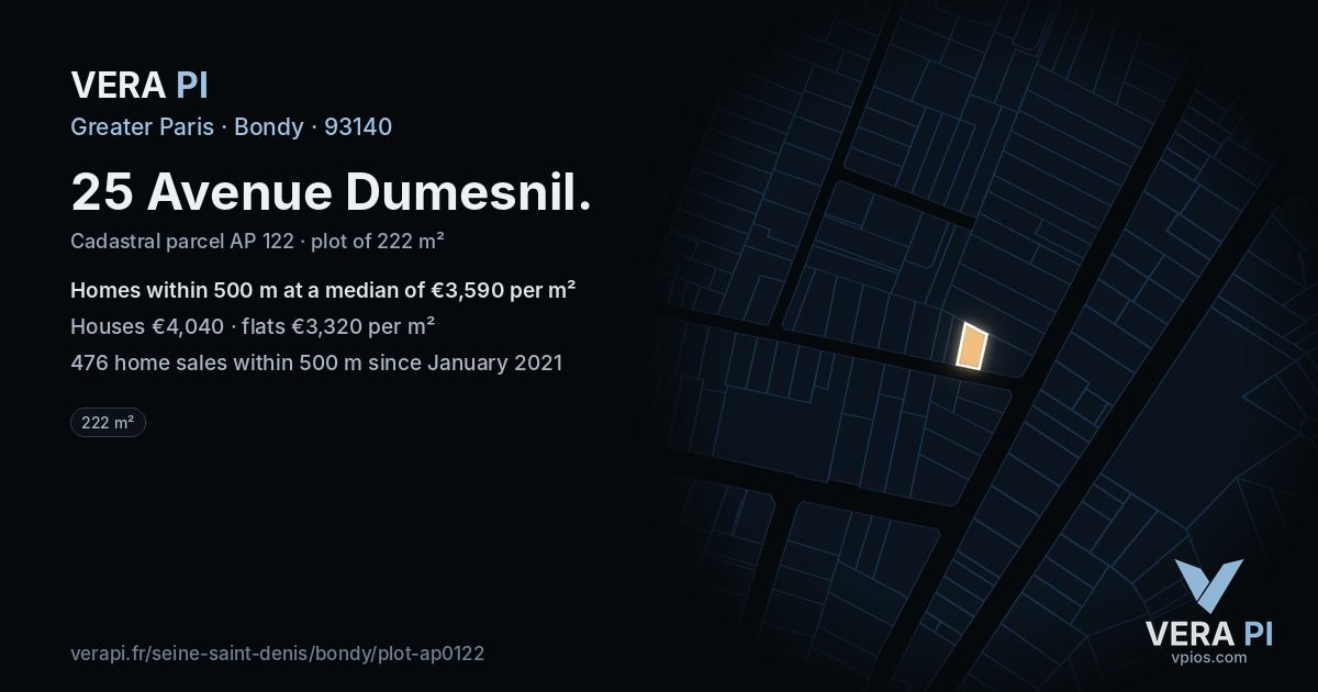 25 Avenue Dumesnil, Bondy at night – the plot lit, the parcels around coloured by the prices near them