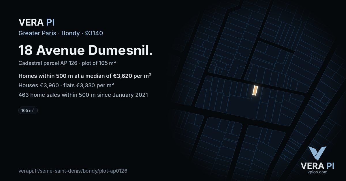 18 Avenue Dumesnil, Bondy at night – the plot lit, the parcels around coloured by the prices near them