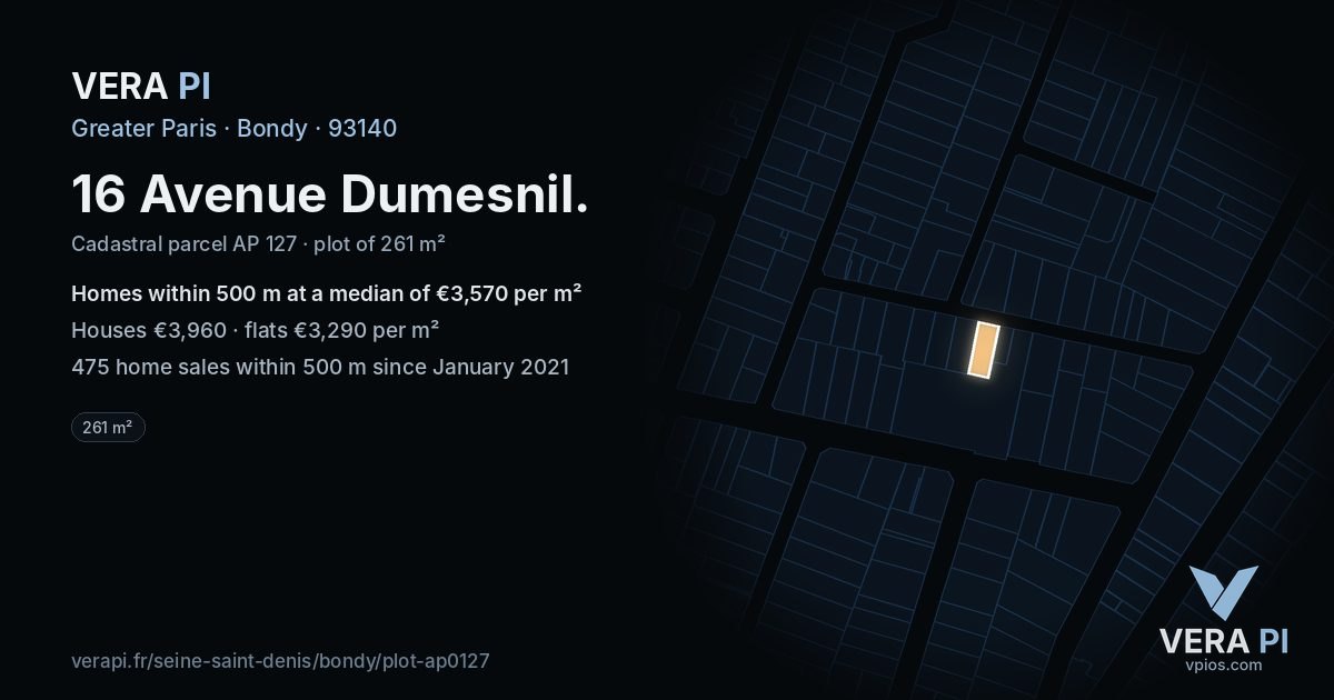 16 Avenue Dumesnil, Bondy at night – the plot lit, the parcels around coloured by the prices near them