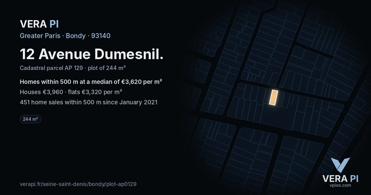 12 Avenue Dumesnil, Bondy at night – the plot lit, the parcels around coloured by the prices near them