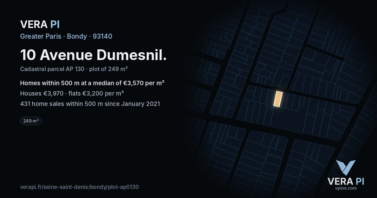 10 Avenue Dumesnil, Bondy at night – the plot lit, the parcels around coloured by the prices near them