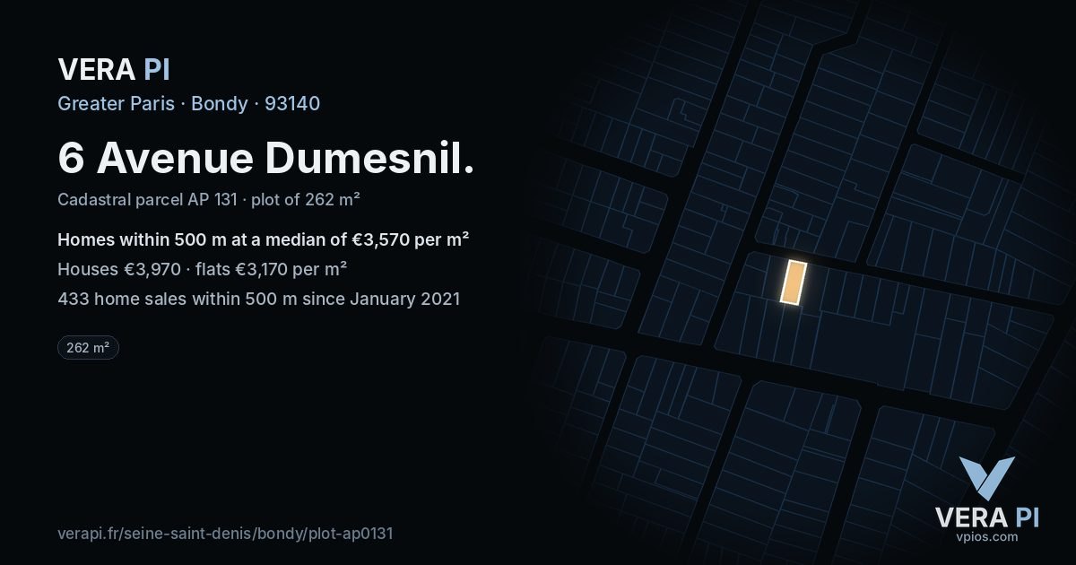 6 Avenue Dumesnil, Bondy at night – the plot lit, the parcels around coloured by the prices near them