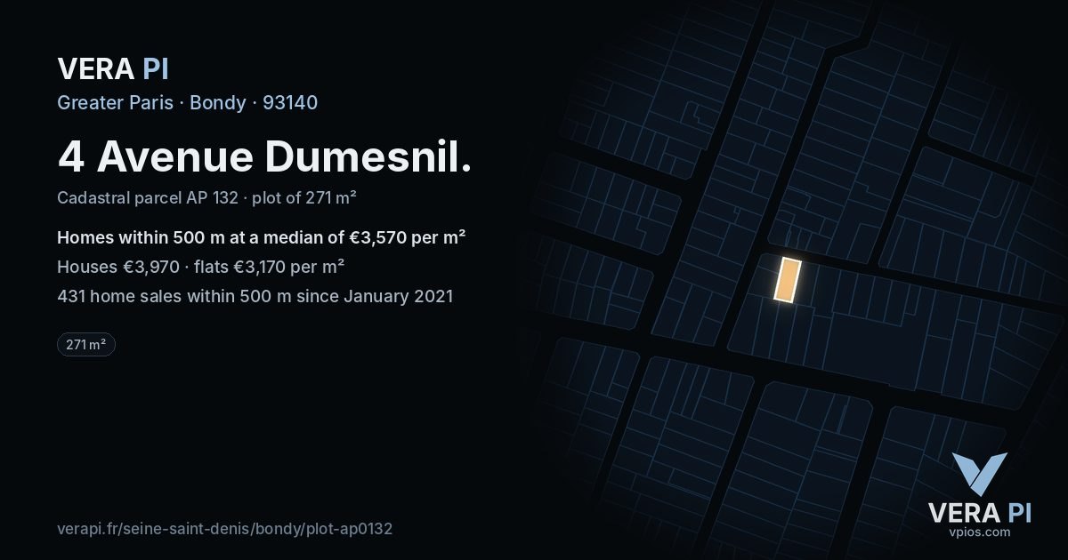 4 Avenue Dumesnil, Bondy at night – the plot lit, the parcels around coloured by the prices near them