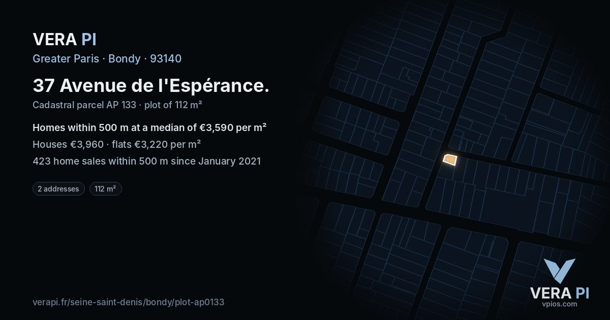 37 Avenue de l'Espérance, Bondy at night – the plot lit, the parcels around coloured by the prices near them