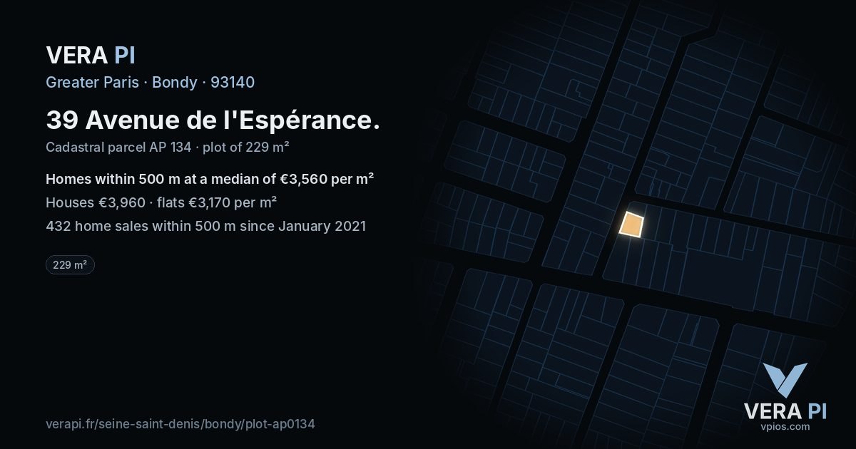 39 Avenue de l'Espérance, Bondy at night – the plot lit, the parcels around coloured by the prices near them