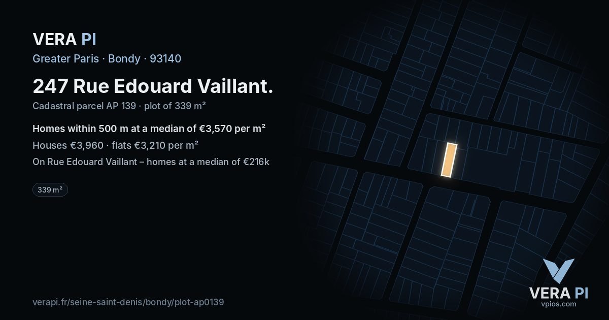 247 Rue Edouard Vaillant, Bondy at night – the plot lit, the parcels around coloured by the prices near them