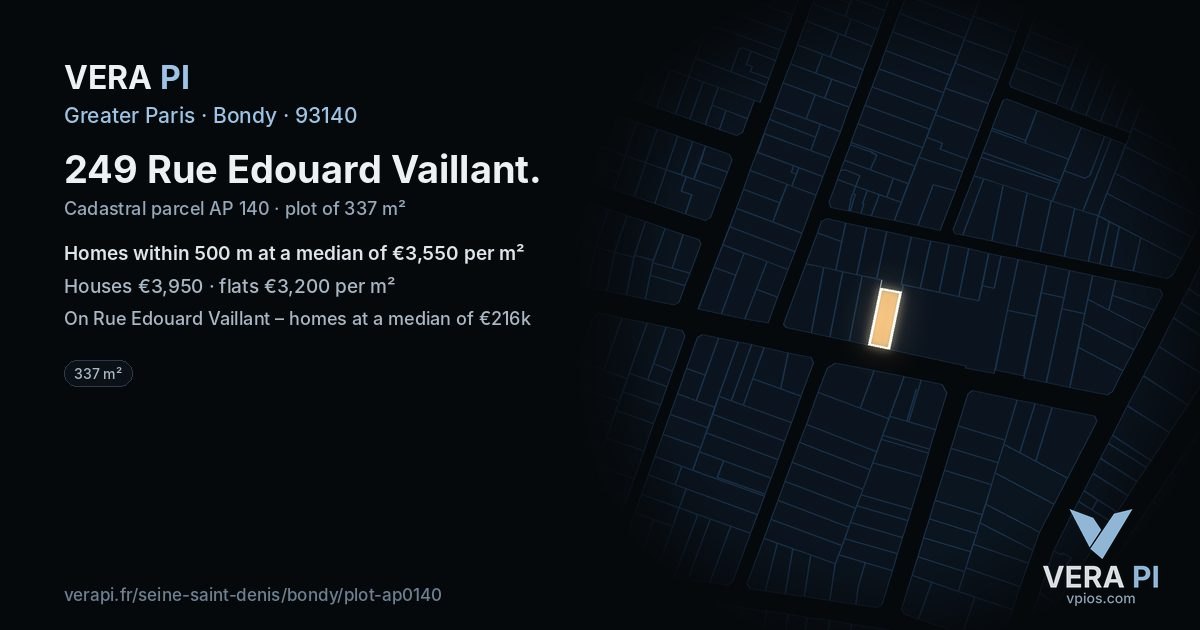 249 Rue Edouard Vaillant, Bondy at night – the plot lit, the parcels around coloured by the prices near them