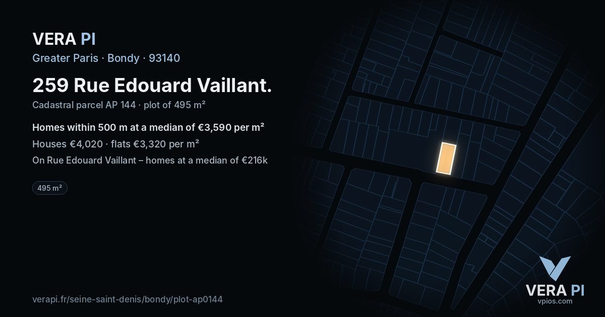 259 Rue Edouard Vaillant, Bondy at night – the plot lit, the parcels around coloured by the prices near them