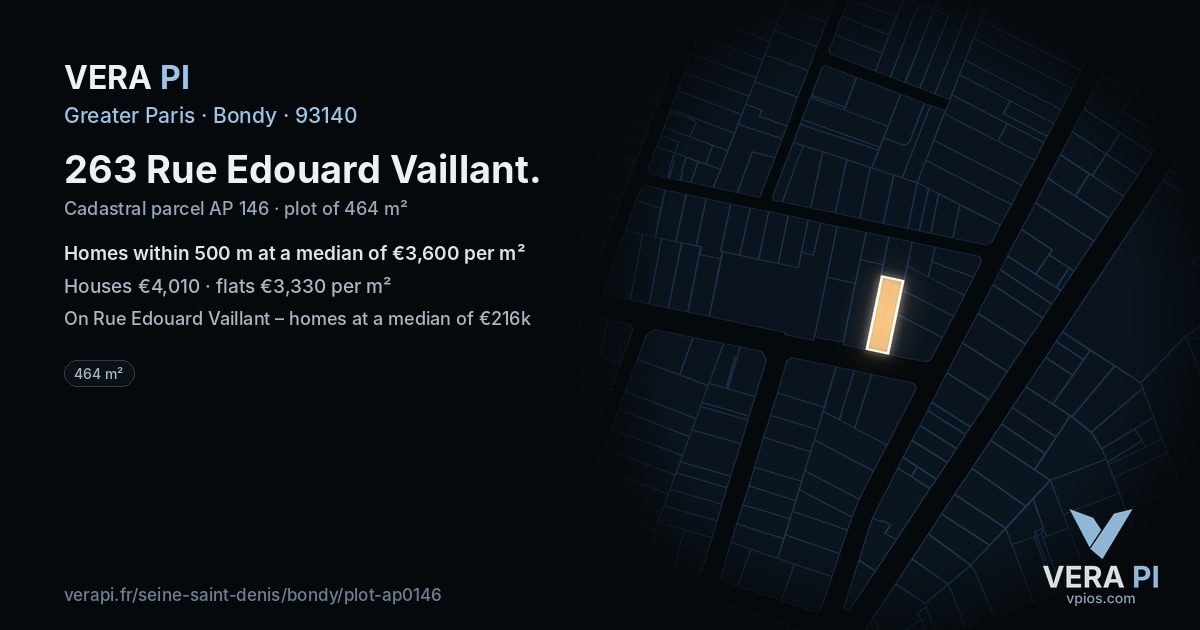 263 Rue Edouard Vaillant, Bondy at night – the plot lit, the parcels around coloured by the prices near them