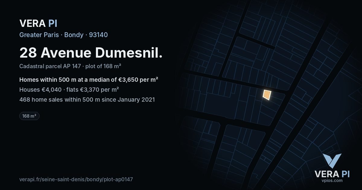 28 Avenue Dumesnil, Bondy at night – the plot lit, the parcels around coloured by the prices near them